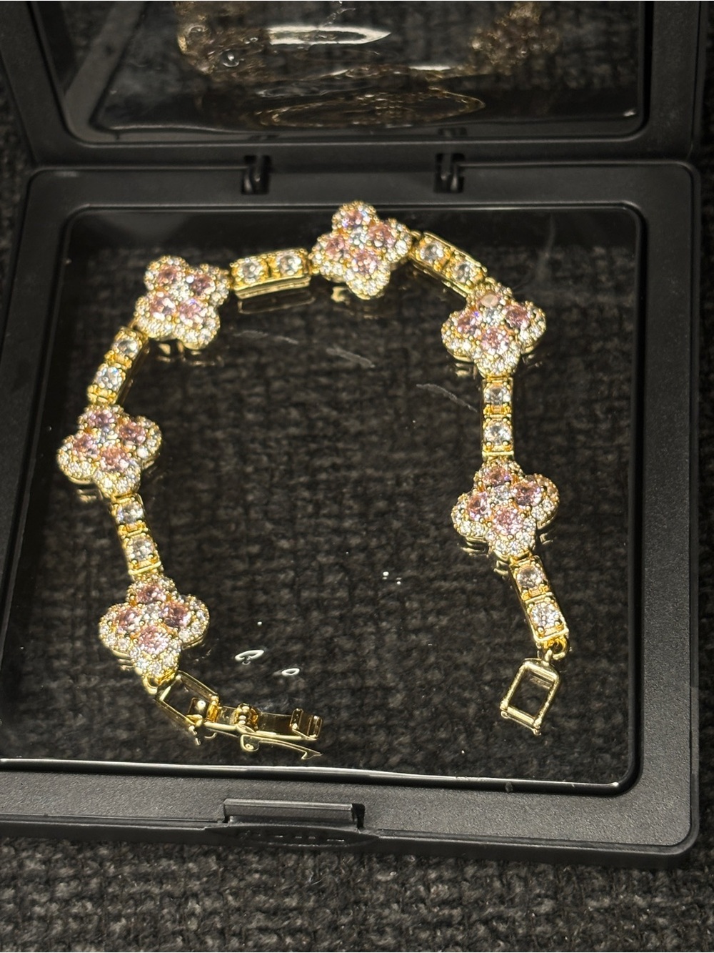 Gold-Tone Pink Moissanite Crystal Clover Link Bracelet - Delicate Sparklepi